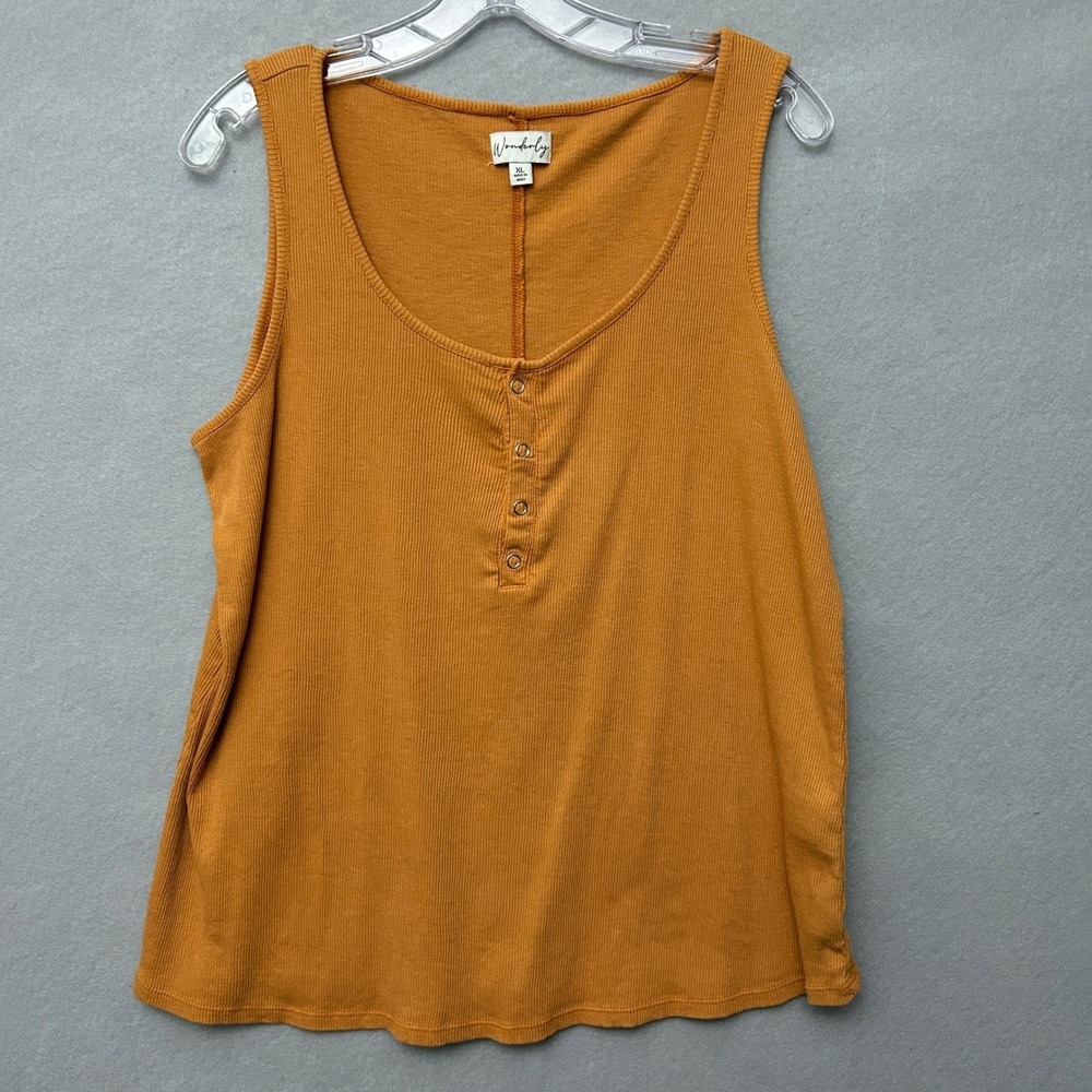 Wonderly Womens XL Tank Top Camel Tan Rib Knit Snap Front Henley Casual Basic